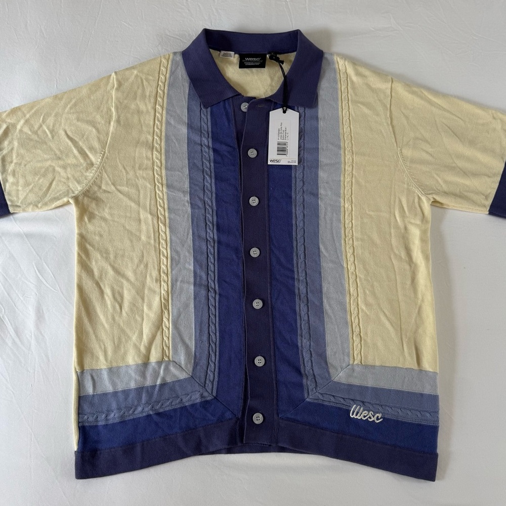 Wesc Men’s Short-Sleeve Knit Polo Shirt light yellow/ blues